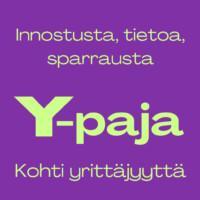 Y-pajan logo teksteillä; innostusta, tietoa, sparrausta. Y-Paja - kohti yrittäjyyttä